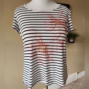 Black white stripped tee with floral design element size large L